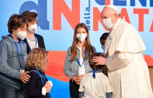 Pope Francis attends the ‘General State of the Birth Rate’ event in Rome, May 14, 2021. Vatican Media.